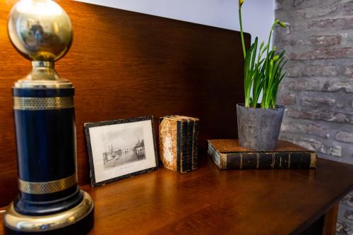 a table with a lamp and books and a plant at HN Gaviota in Valencina de la Concepción
