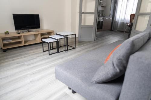 a living room with a couch and a television at Maison au pied du château in Châteaudun