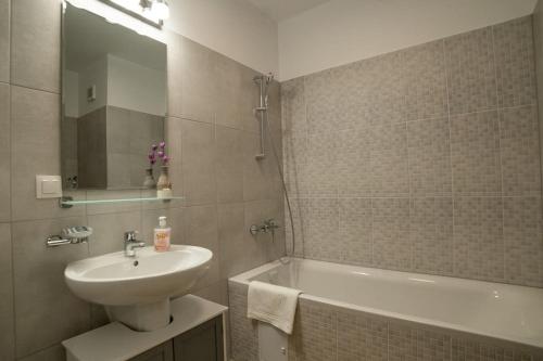 La salle de bains est pourvue d'un lavabo et d'une baignoire. dans l'établissement Carpe Diem Travel, à Timişoara