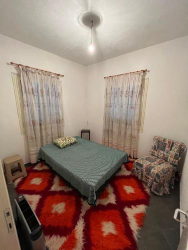 1 dormitorio con cama, sofá y alfombra en Διαμέρισμα στο κέντρο του χωριού en Kotrónion