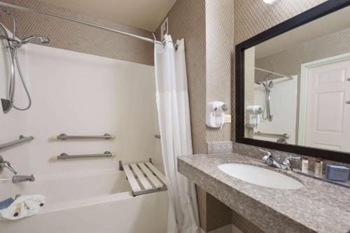 een badkamer met een wastafel, een bad en een spiegel bij Wingate by Wyndham Schaumburg in Schaumburg