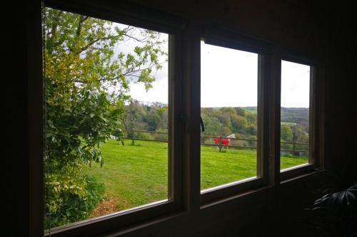 a window view of a field with a horse in the distance at Yealm Cabin Self Catering Log Cabin in Devon with Hot Tub in Plymouth