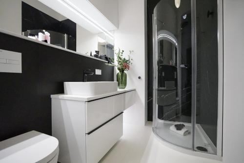La salle de bains blanche est pourvue d'un lavabo et d'une douche. dans l'établissement Granatowy Apartament, à Grodzisk Mazowiecki