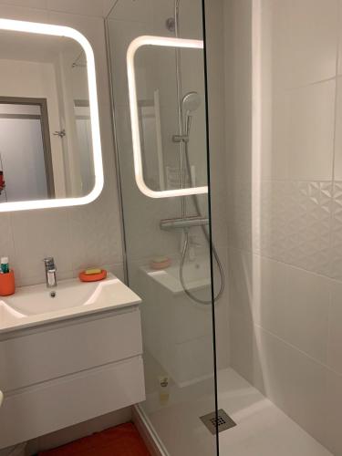 une salle de bain blanche avec une douche et un lavabo dans l'établissement Les Voiles Blanches, à Bénodet
