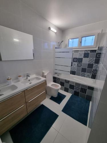 une salle de bain avec un lavabo, des toilettes et une douche dans l'établissement Maison Chaleureuse, à Villepinte