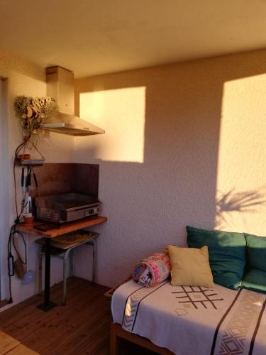 un salon avec un canapé et une table avec une télévision dans l'établissement Appartement L'escale, plage à 30m., à Port-Leucate