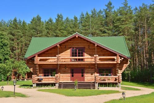 a log cabin with a green roof at Pušų Šlamesy in Vilnius