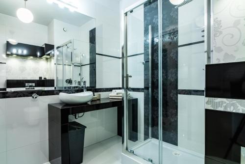 a bathroom with a glass shower and a sink at ApartamentySnu, Słoneczny Standard z parkingiem, Centrum in Radom