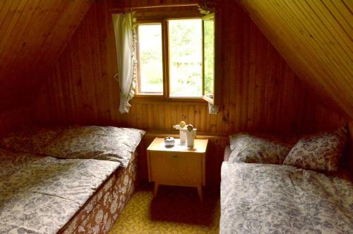 two beds in a wooden room with a window at Chata Doubice in Doubice