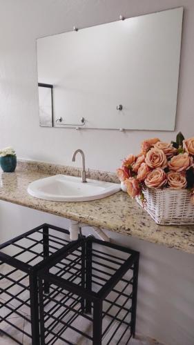 Un mostrador de baño con lavabo y una cesta de rosas. en Tartaruga Marinha Guest House en Ubatuba