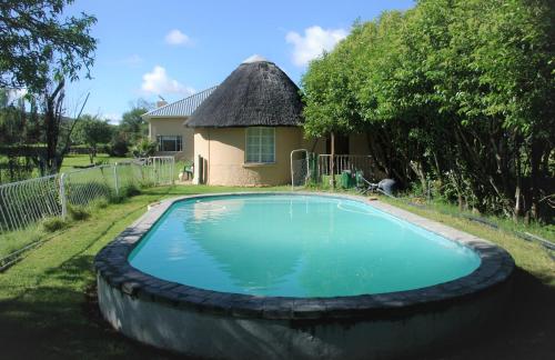 a swimming pool in front of a house with a thatch roof at Karoo Pred-a-tours/Cat Conservation Trust in Cradock