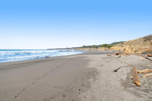a beach with driftwood on the sand and the ocean at Samson Getaway in Sea Ranch