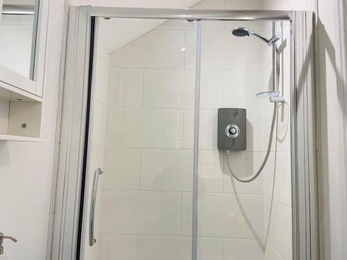 a shower in a bathroom with a glass door at The Chaff House Country Cottage in Welsh Newton Common