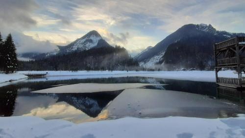 a snow covered lake with mountains in the background at Apartments Blažič in Kranjska Gora