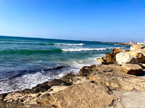 un grupo de rocas en la orilla del océano en Sea view cozy apartment, en Haifa