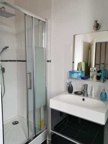 une salle de bain avec un lavabo et une douche dans l'établissement Comme chez vous, au Crotoy