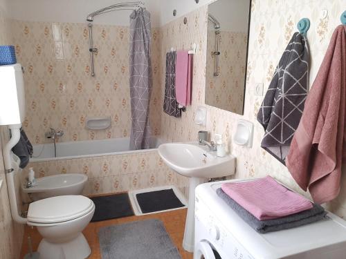 y baño con aseo, lavabo y bañera. en Casa dei Tulipani Tenna Ospitar en Tenna 