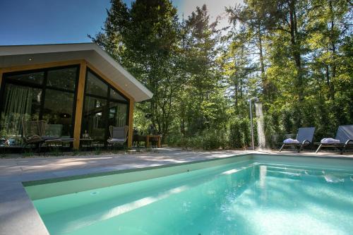uma piscina em frente a uma casa em Pool Lodge - Vakantiepark de Thijmse Berg em Rhenen