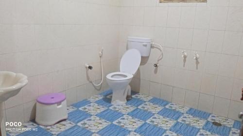 a bathroom with a toilet with a blue and white floor at FoRest cottage coorg in Madikeri
