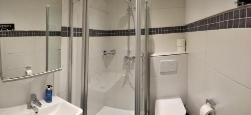 een badkamer met een douche, een toilet en een wastafel bij Hotel Arns in Bernkastel-Kues