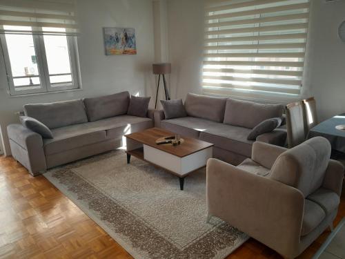a living room with a couch and a coffee table at Gray Apartment 1 Pristina in Prishtinë
