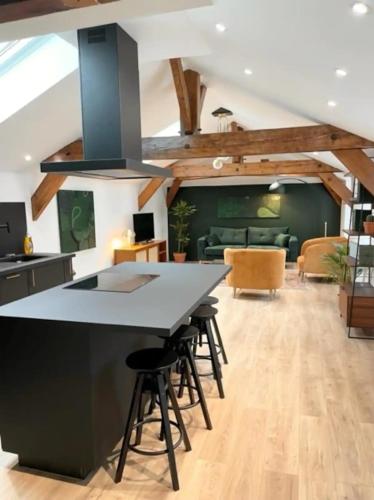 une cuisine et un salon avec une table et des chaises dans l'établissement Suite Théodore - 2 pers, à Charleville-Mézières