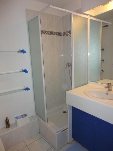une salle de bain avec douche et lavabo dans l'établissement SUNSET Joli T2 vue mer piscine SUNSET Cap d'Agde, au Cap d'Agde