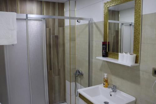 a bathroom with a shower and a sink at Loft Palace Suit in Nevsehir