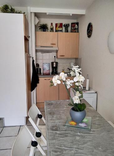 une cuisine avec une table avec un vase de fleurs dessus dans l'établissement Résidence Graziella Studio 207, à Juan-les-Pins