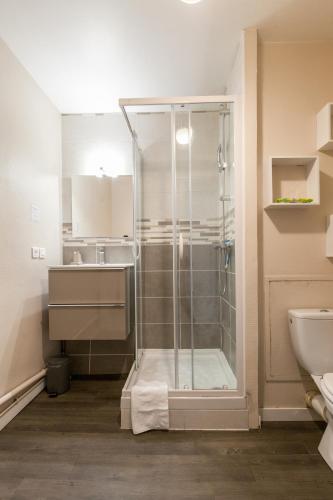 une salle de bain avec douche et lavabo dans l'établissement TY KERNOGUET - STUDIO - PARKING - WIFI- BALCON, à Vannes