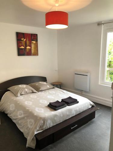 una camera con un grande letto e un soffitto rosso di Appartement cosy proximité plage Malo les bains a Dunkerque