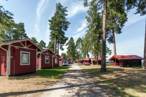 eine Reihe von Hütten in einem Wald mit Bäumen in der Unterkunft First Camp Siljansbadet - Rättvik in Rättvik