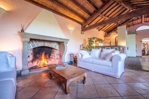 ein Wohnzimmer mit einem Sofa und einem Kamin in der Unterkunft Hotel Monte Turri - Adults Only in Àrbatax