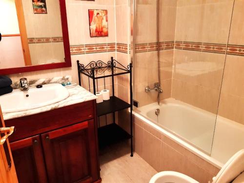 ein Badezimmer mit Waschbecken, Badewanne und Dusche in der Unterkunft Apartamento El Falcar in Villanúa