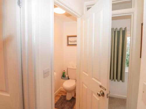 a bathroom with a toilet and a window at Honeysuckle Cottage in Paignton