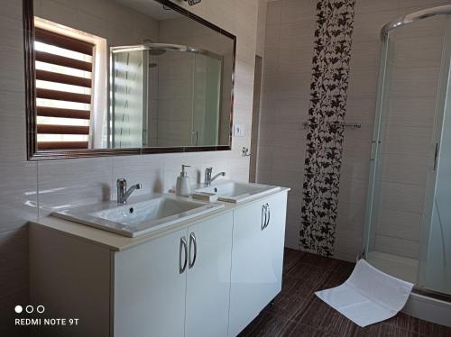 a bathroom with two sinks and a mirror and a shower at Apartament Gajówka z ogrodem na wyłączność, Energylandia 35min in Rzyki