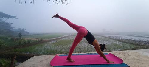 a woman doing a yoga pose on a pink yoga mat at Kaewma farmstay in Ban Khuang Kom