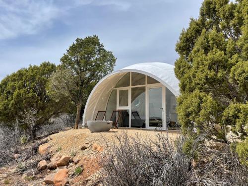 un gran edificio con cúpula en una colina con árboles en Canyon Rim Domes - A Luxury Glamping Experience!!, en Monticello