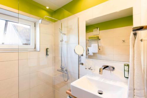 a bathroom with a sink and a shower and a mirror at Landhotel GrünWies -Bonsai-Wellness Garni in Lohberg