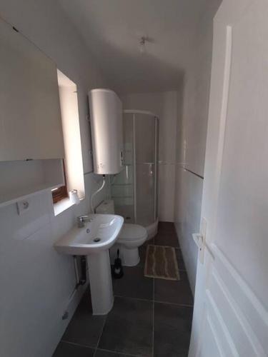 uma casa de banho branca com um lavatório e um WC em Résidence du Houx - 5 (Astérix, Aéroport CDG, Chantilly, Parc des expos...)) em Survilliers