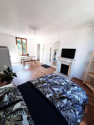 1 dormitorio con 1 cama grande en una habitación con chimenea en Résidence du Houx - 5 (Astérix, Aéroport CDG, Chantilly, Parc des expos...)) en Survilliers