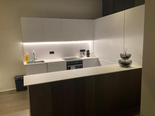 a kitchen with white cabinets and a counter top at Luxury Suites Princess in Antwerp