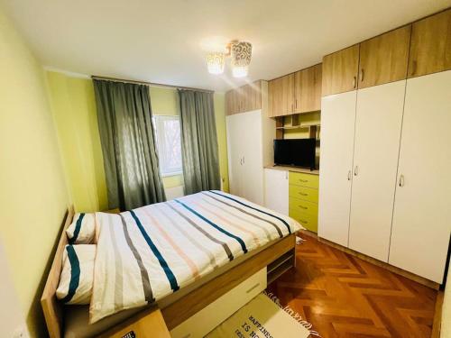 1 dormitorio con 1 cama, armarios y TV en 2 Bedroom Apartment and Separate Kitchen 52mp, en Timisoara