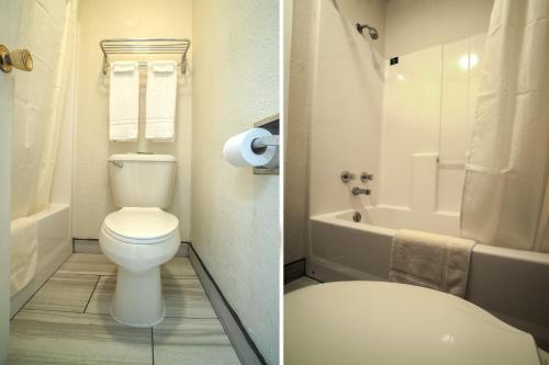 two pictures of a bathroom with a toilet and a tub at Texas Inn San Benito near Harlingen in San Benito