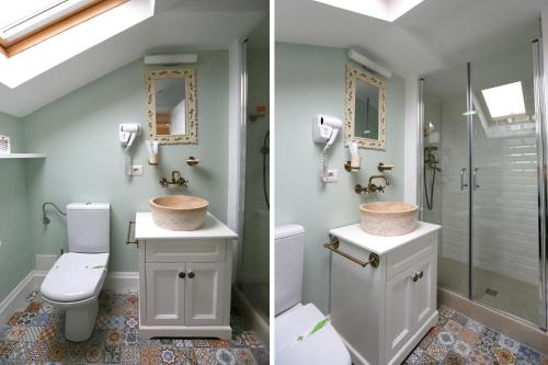 two pictures of a bathroom with a toilet and a shower at Hotel Les Jardins Carol in Bucharest