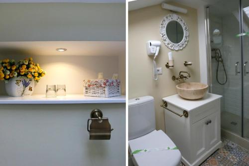 two pictures of a bathroom with a toilet and a sink at Hotel Les Jardins Carol in Bucharest