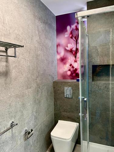 a bathroom with a toilet and a shower at Apartamenty ELITMAT in Mińsk Mazowiecki