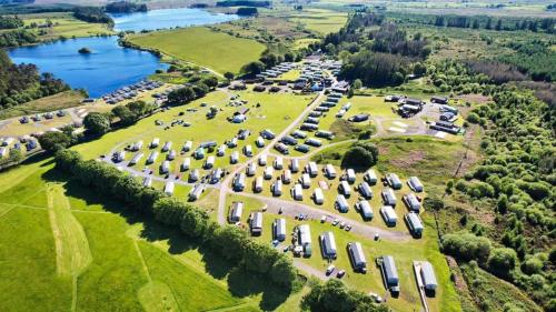 an aerial view of a park with trees and cars at The Hidden Gem in Galloway Forrest in Balminnoch