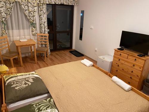 1 dormitorio con 1 cama y TV de pantalla plana en Aranyló Vendégház, en Alsótelekes