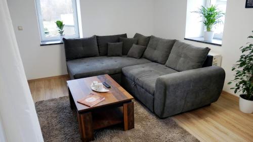 a living room with a couch and a coffee table at Wohlfühlen am Großen Goitzschesee in Holzweißig